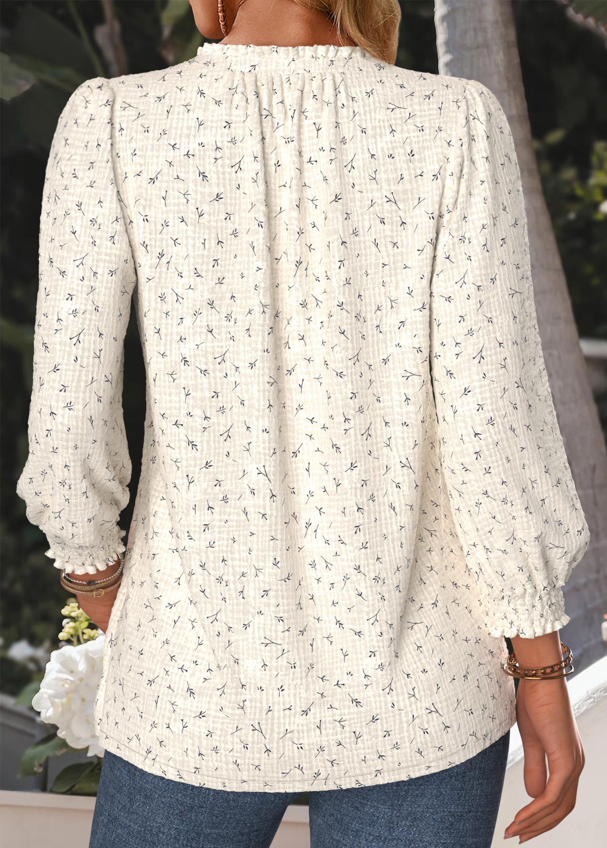 Beige Floral Print Long Sleeve V Neck Blouse